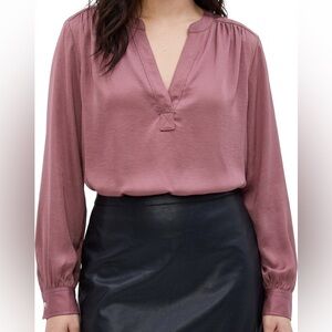 GAP Deco Rose Satin V-Neck Blouse XL Silky Long Sleeve Splitneck Top